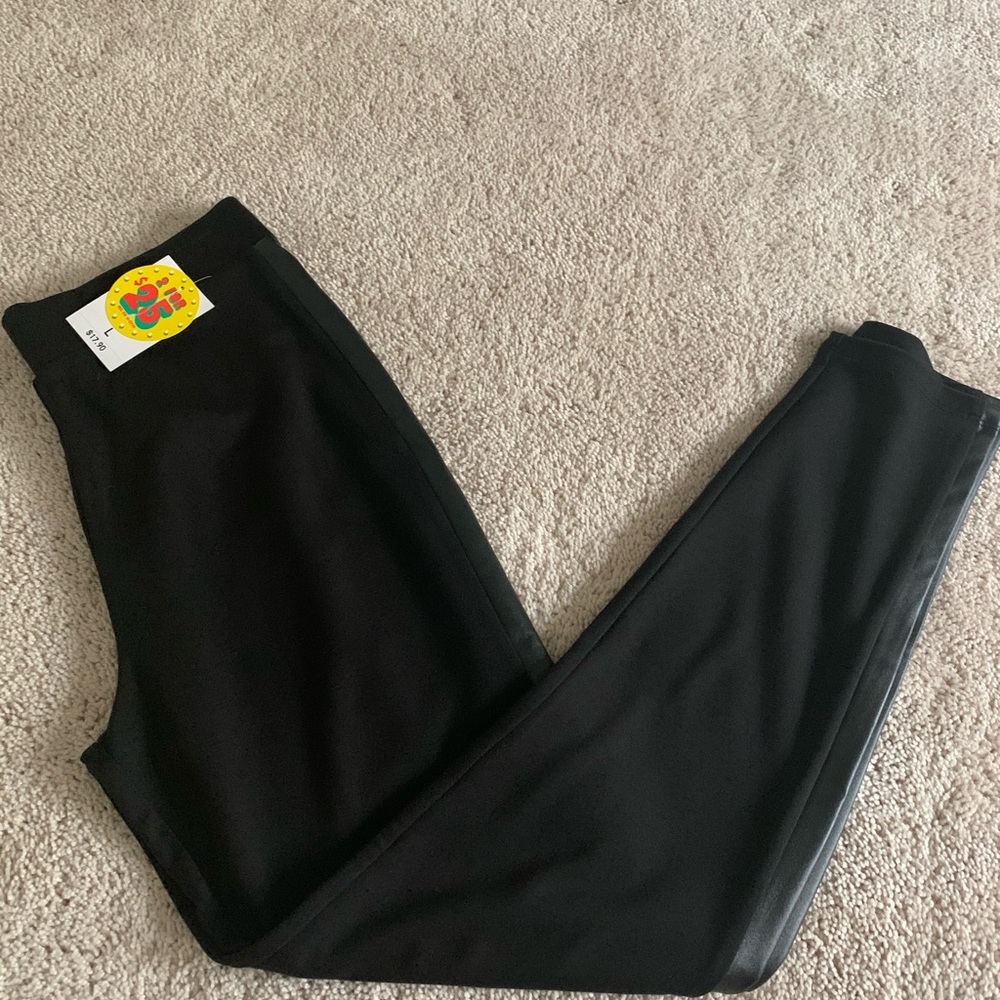 Ladies Black Leggings with Leather Accent